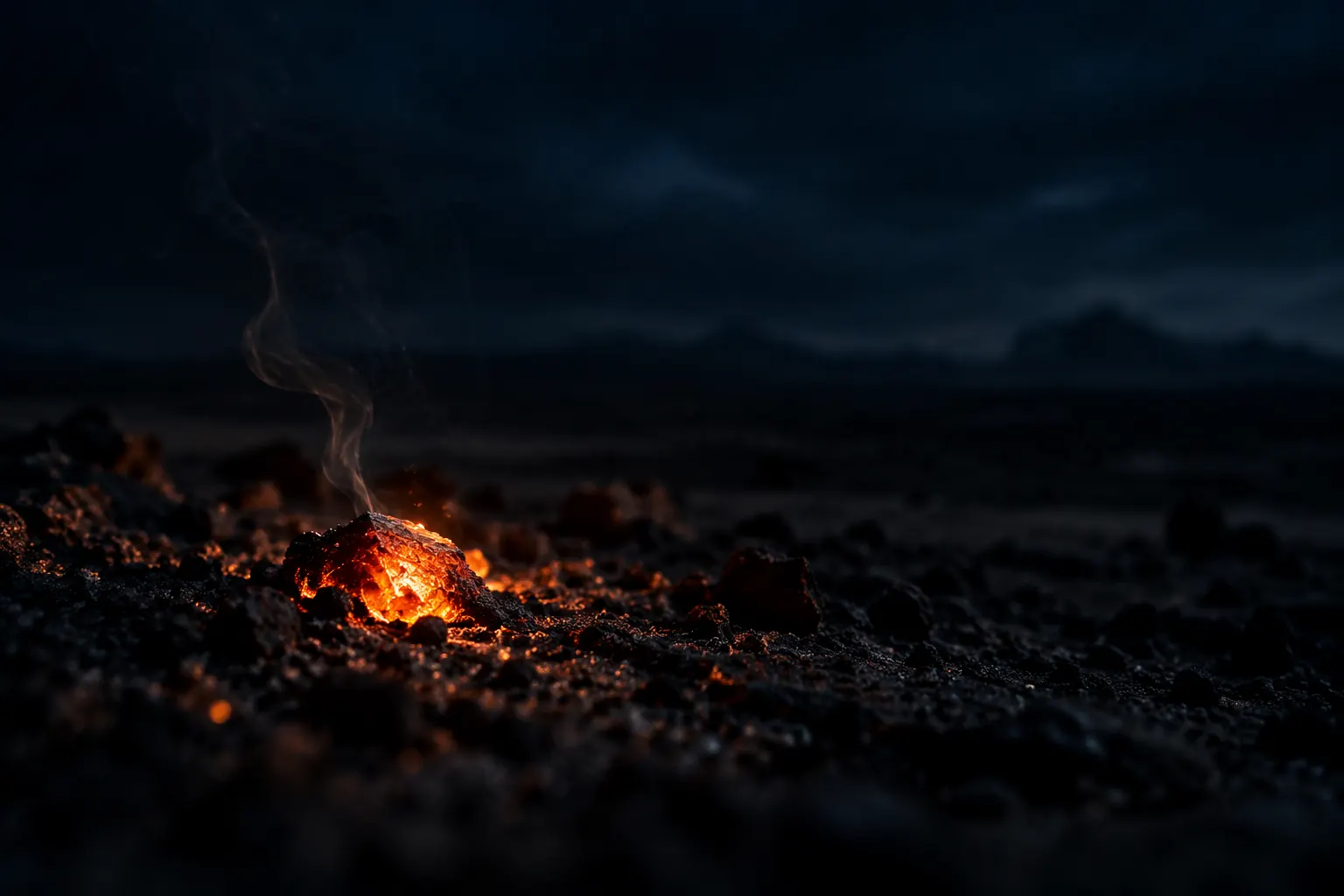 A single ember glowing on dark volcanic ash in the night.