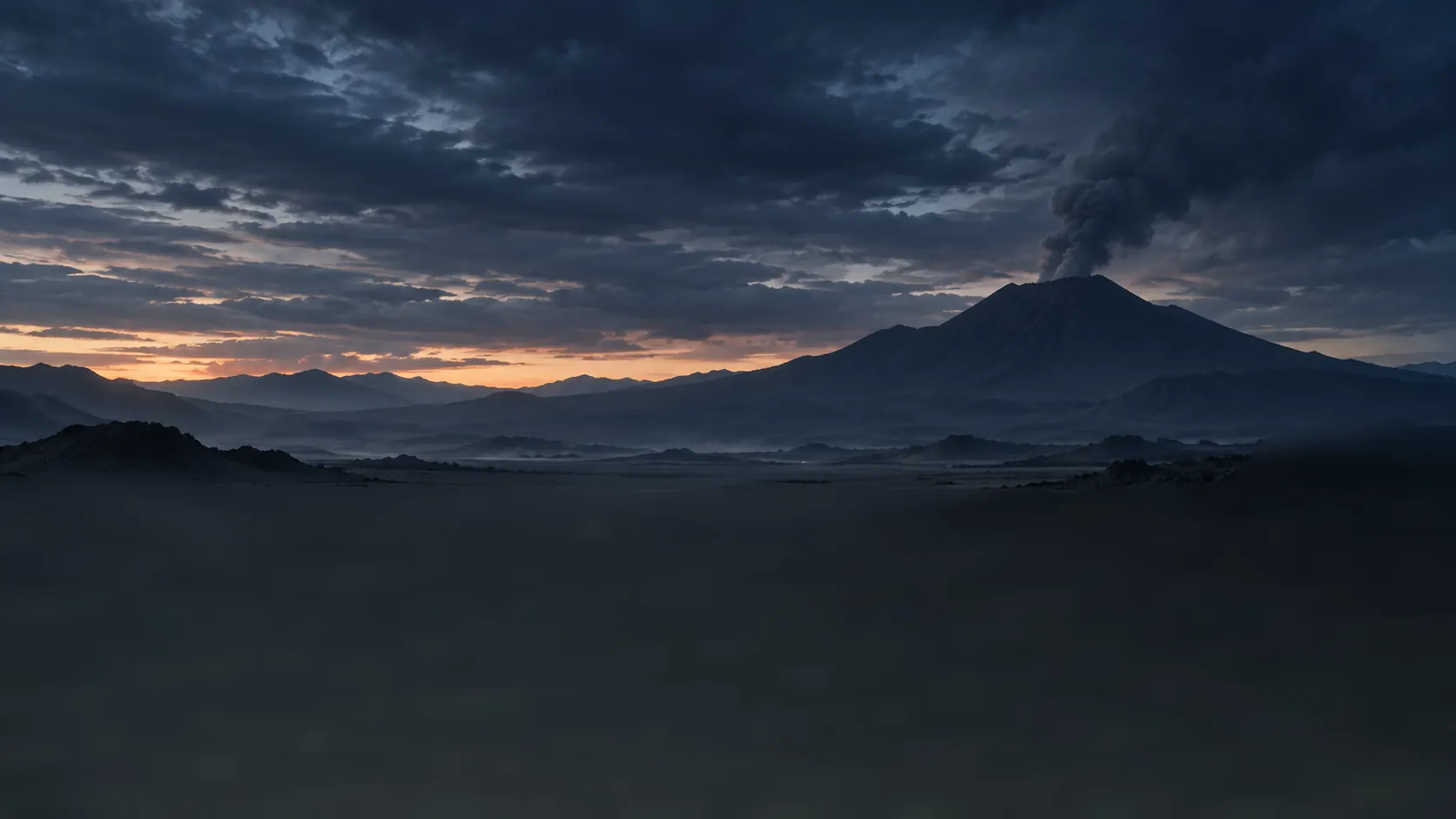 Two tiny figures walk side by side across the ash plain toward the volcano.