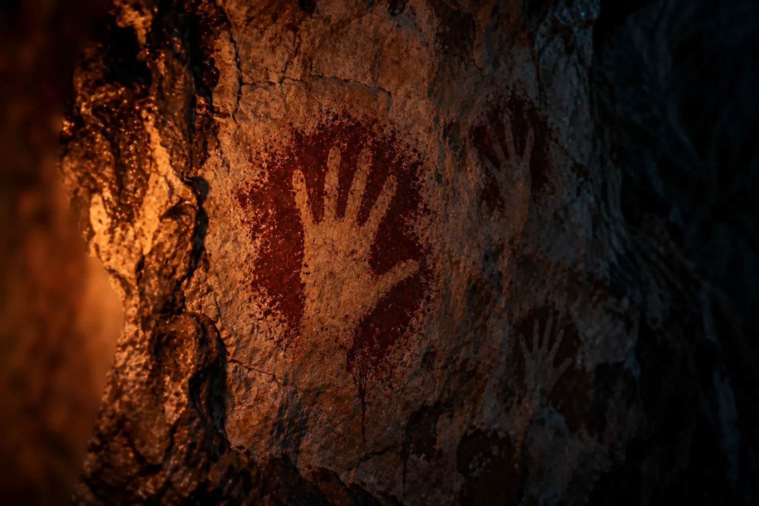 A single ancient red-ochre hand stencil on a torchlit cave wall.