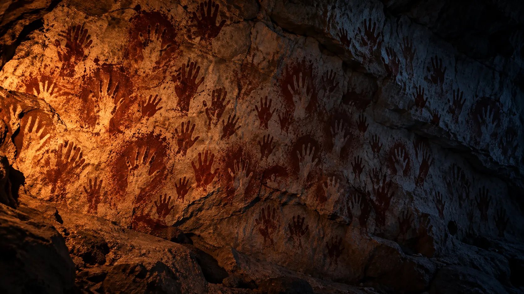 A cave wall covered in dozens of hand stencils, adults' and children's.