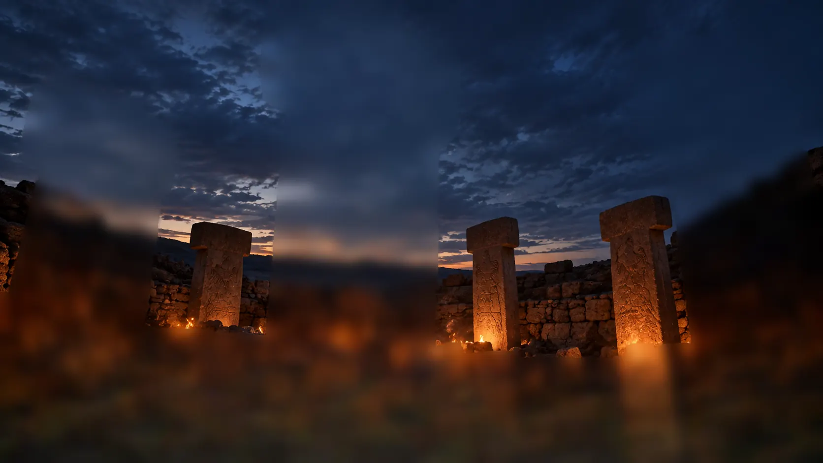 Massive carved T-shaped stone pillars at dusk, small fires burning among them.
