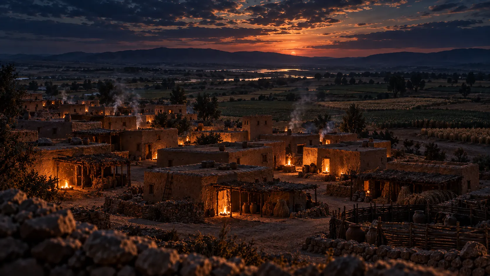 An early farming village of mud-brick houses at dusk, fires in the doorways.
