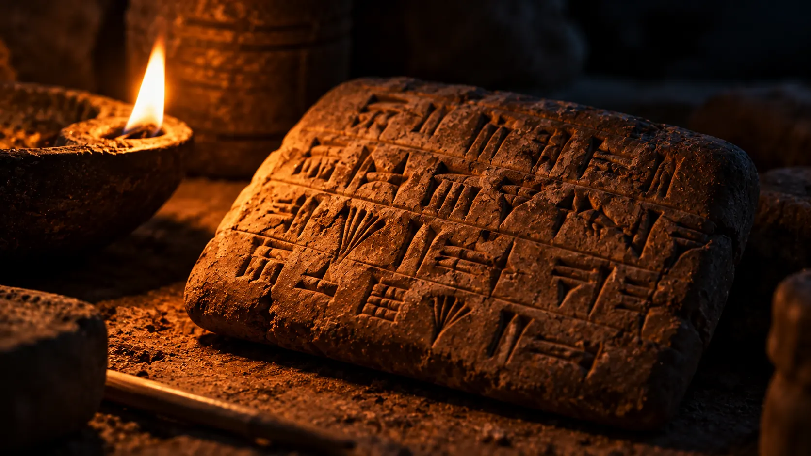 A clay tablet pressed with wedge-shaped signs, lit by a lamp.