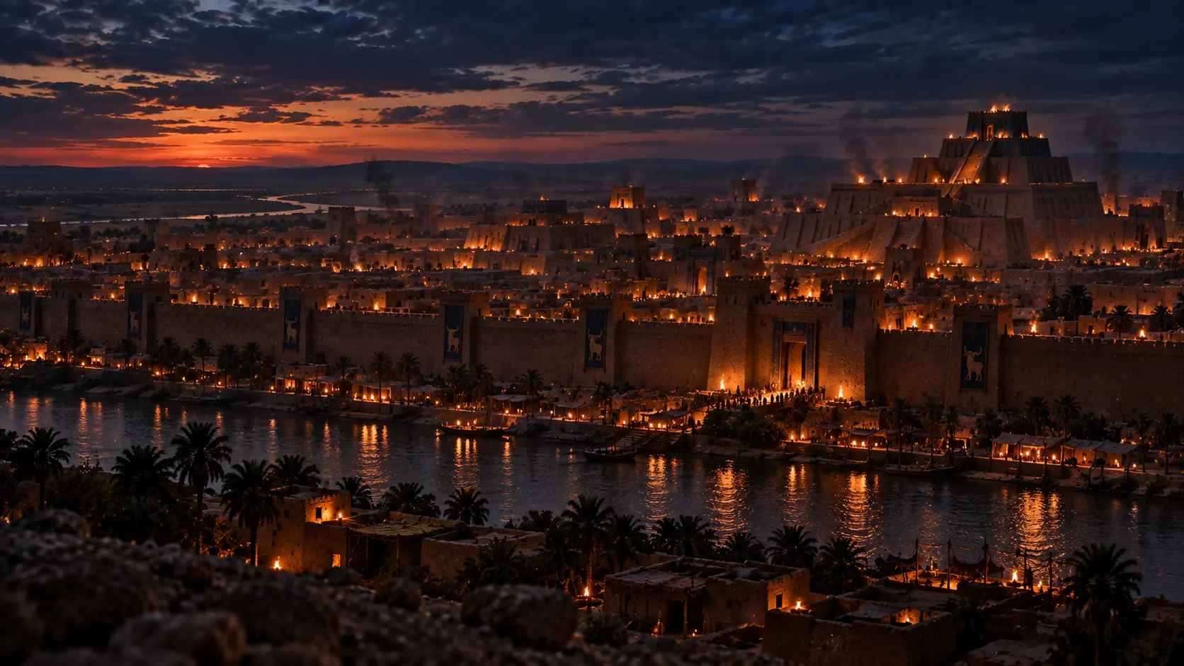 An ancient mud-brick city with a stepped temple, lamps glowing at dusk.