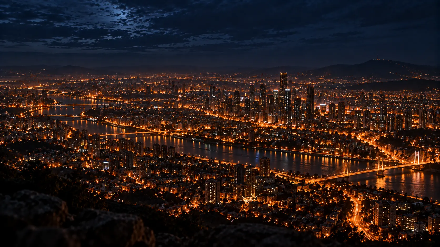 A modern city at night from far above, a field of warm lights.